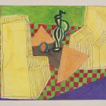 Ettore Sottsass Junior, Senza titolo. Composizione con elementi di arredo, senza data (1939-40), pastello a cera, china acquarello su carta (mm 340 x 493) applicata su carta (mm 420 x 595) (Esame di architettura degli interni. Arredamento e decorazione, Scuola Superiore di Architettura, Politecnico di Torino, 1939-40)